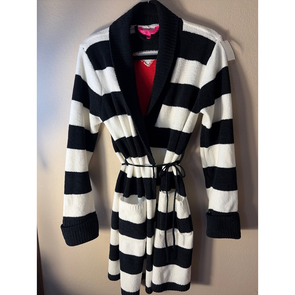 Betsey Johnson Black White Striped Heart Back Belted Long Cardigan Sweater S